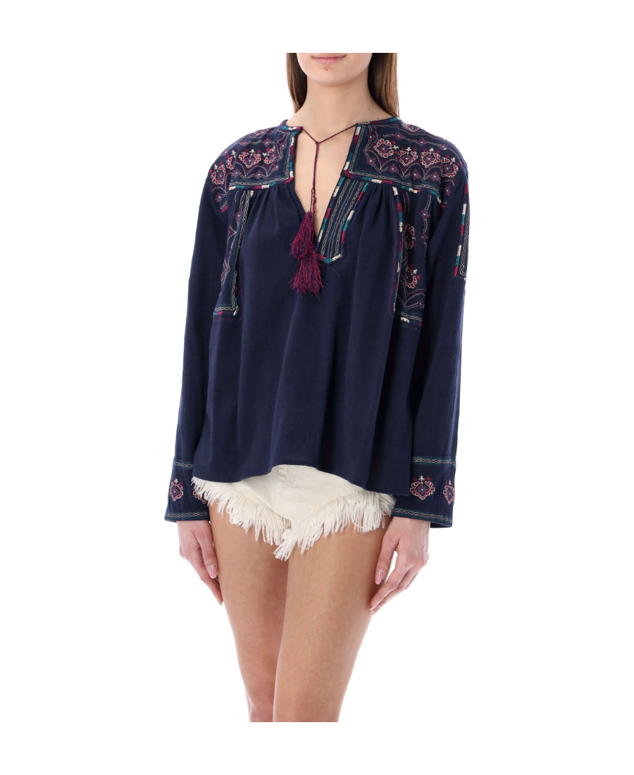 Isabel Marant Étoile Navy Blue Embroidered Poplin Blouse In Multicolor