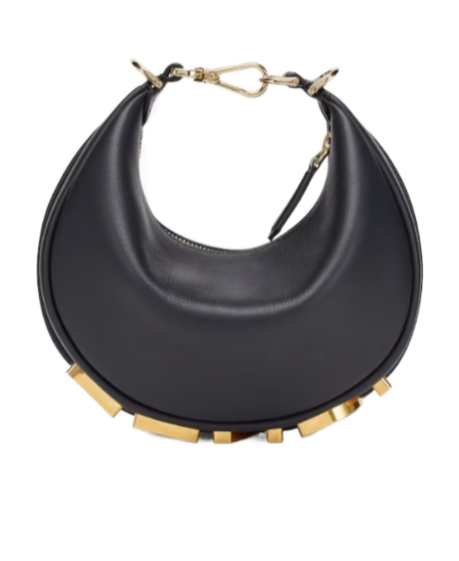 Fendi Hobo Graphy Black Leather Handbag With Metal Logo Woman In Black