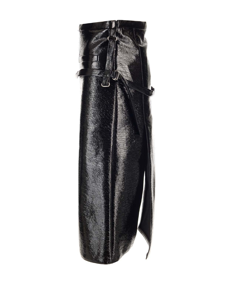 COURRÈGES STRAP-DETAILED CRINKLED-PATENT MIDI SKIRT 