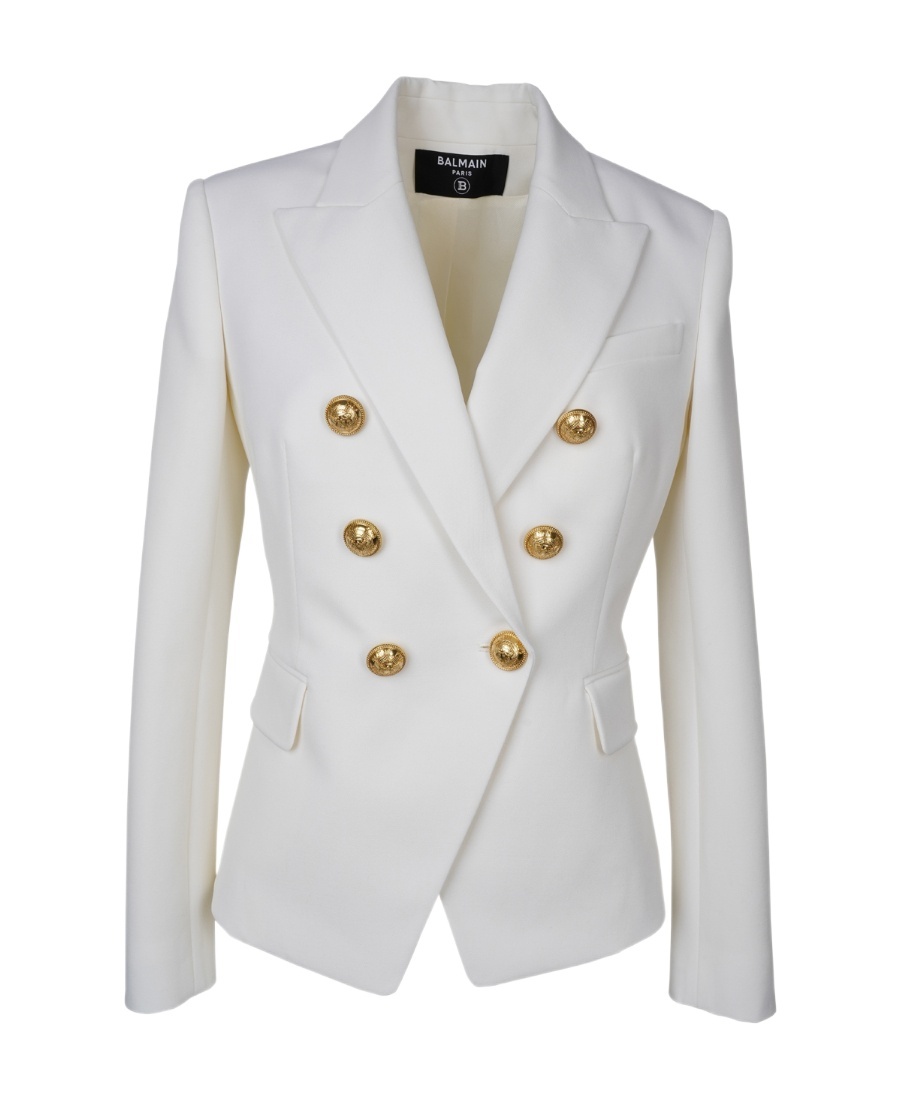 Balmain White Double-breasted Jacket With Peak Lapels And Logo Buttons In Fabric Women In White