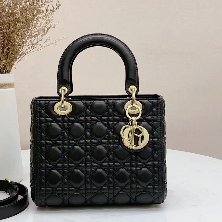 Dior Black Cannage Leather Lady  Ghw Medium (authentic ) In Black