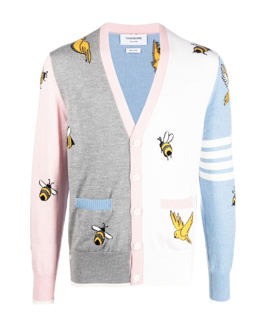 Thom Browne Birds And Bees-print Knitted Cardigan In Gray