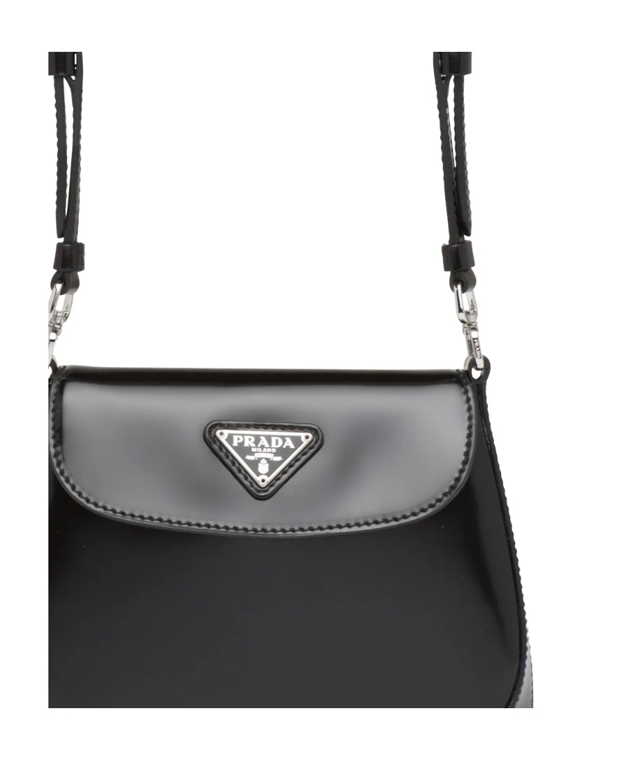 Prada Cleo Brushed Leather Shoulder Bag With Flap In Black