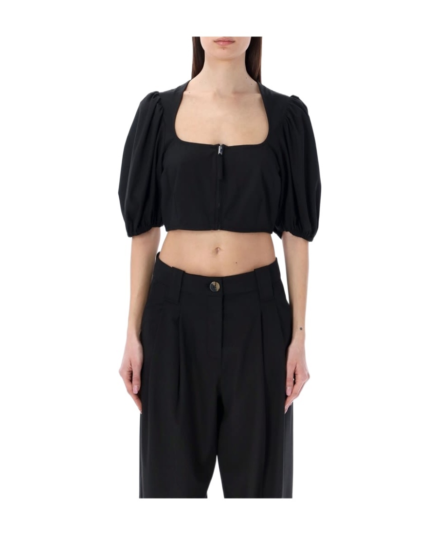 Shop Ganni Drapey Melange Zipper Blouse In Black