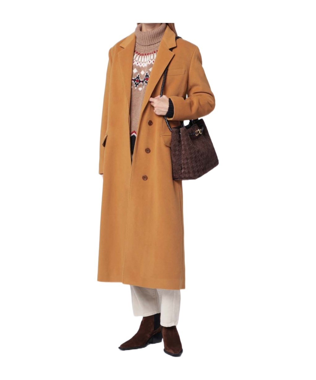 Isabel Marant Long Wool Blend Coat With Notched Lapels In Gold