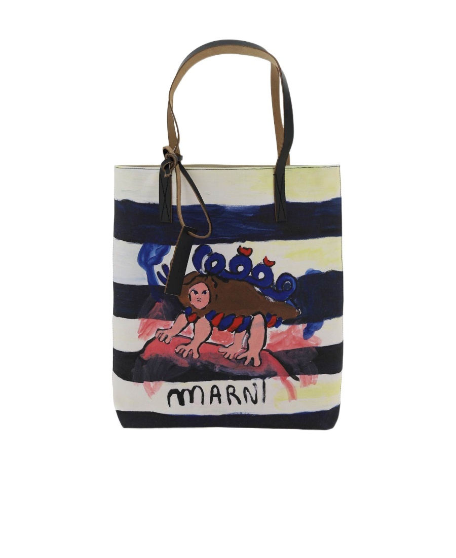 Marni Printed Cotton Tote Bag In Black