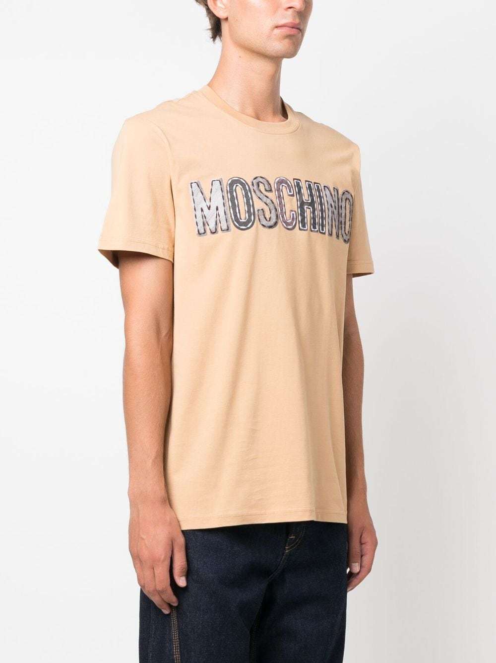 Moschino Organic Cotton Crew Neck T-shirt With Logo Patch In Nude