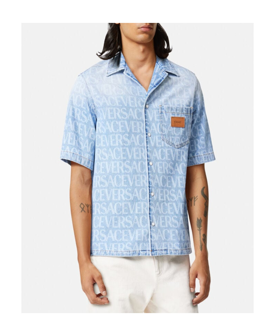 Versace All-over Logo Denim Shirt In Blue