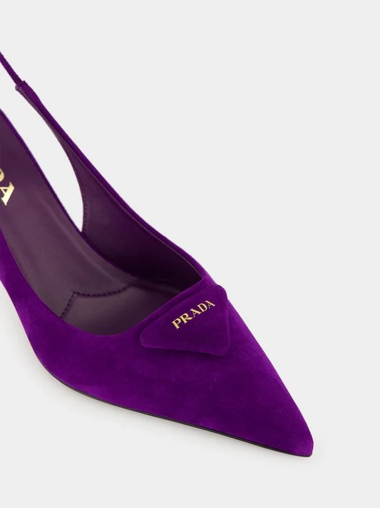 Prada 75 Triangle Logo Slingback Suede Pumps In Purple
