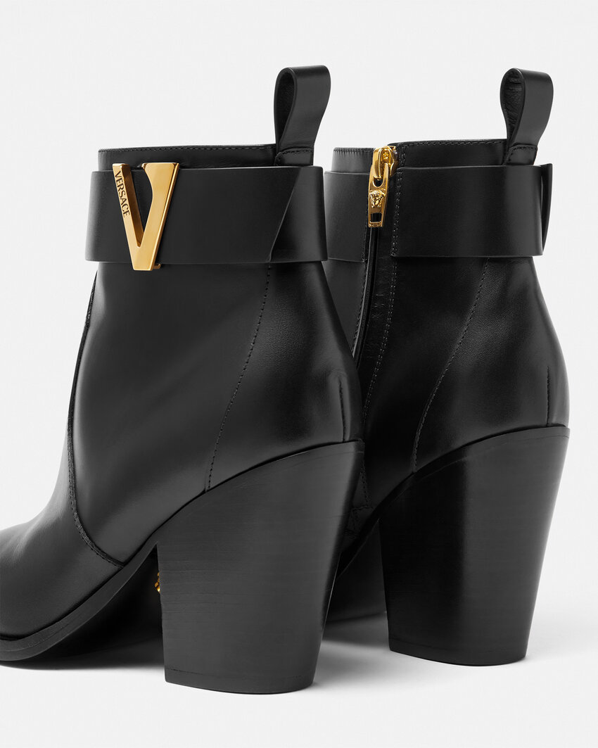 Versace Embellished Leather Ankle Boots In Black