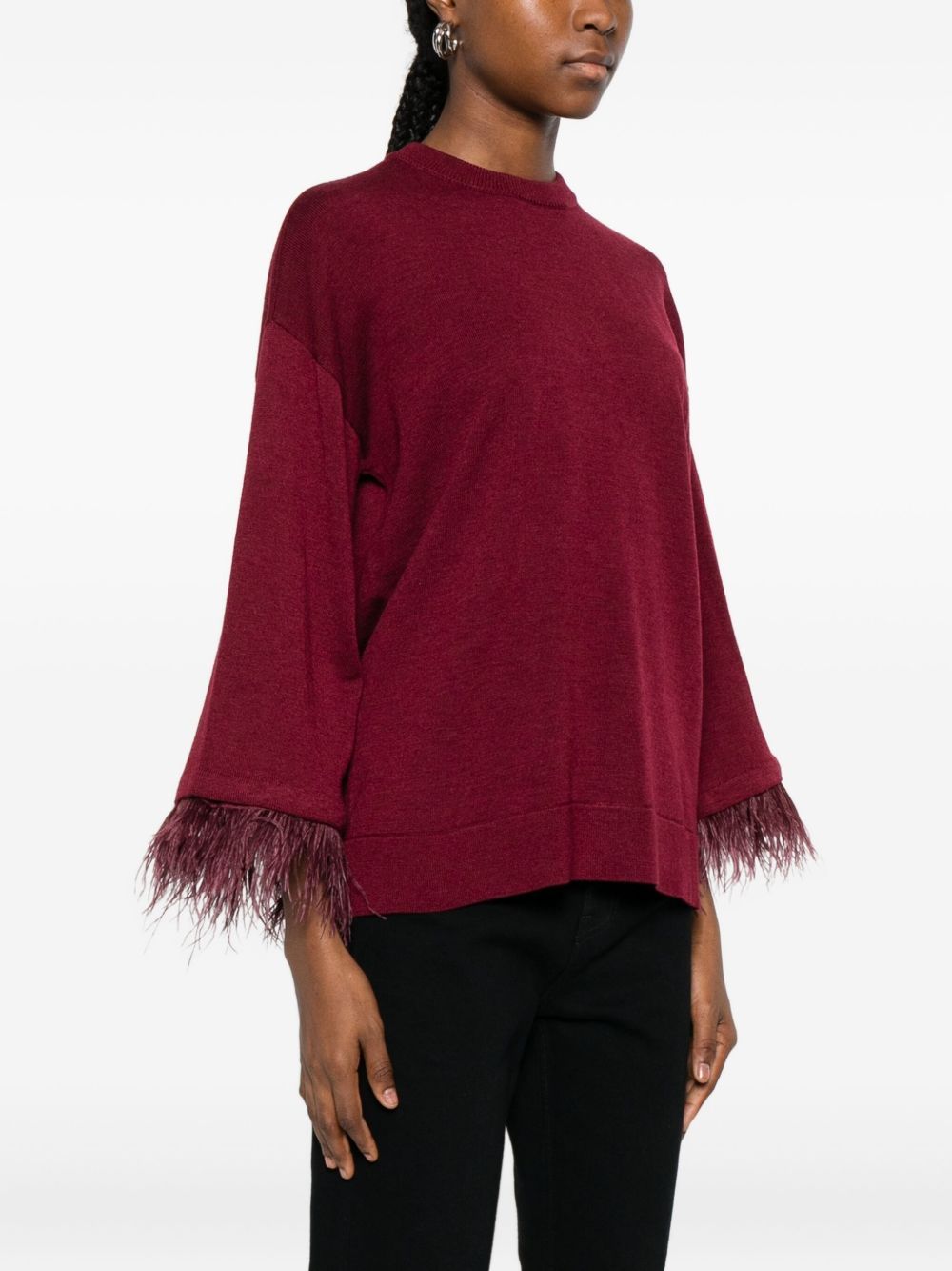Twinset Knitted Sweater With Feather Trim At The Hood In Burgundy
