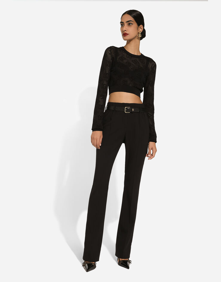 Dolce & Gabbana Monogram Open-knit Crop Top In Black