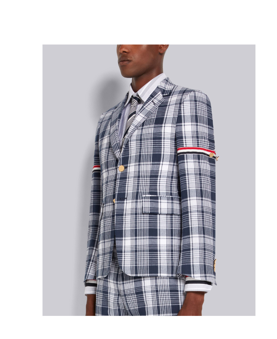 Thom Browne Navy Blue Plaid Armband Suit Jacket In Gray