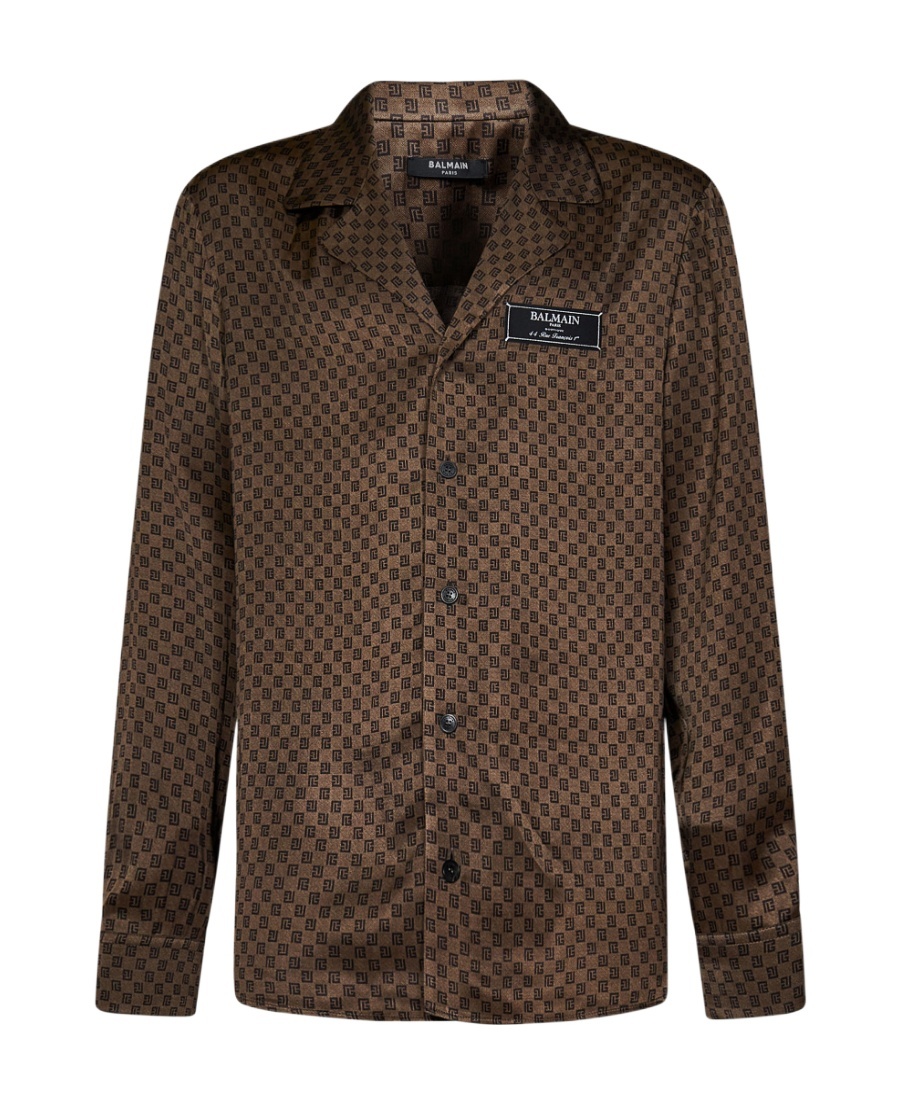 Shop Balmain Monogram-print Satin Shirt In Brown