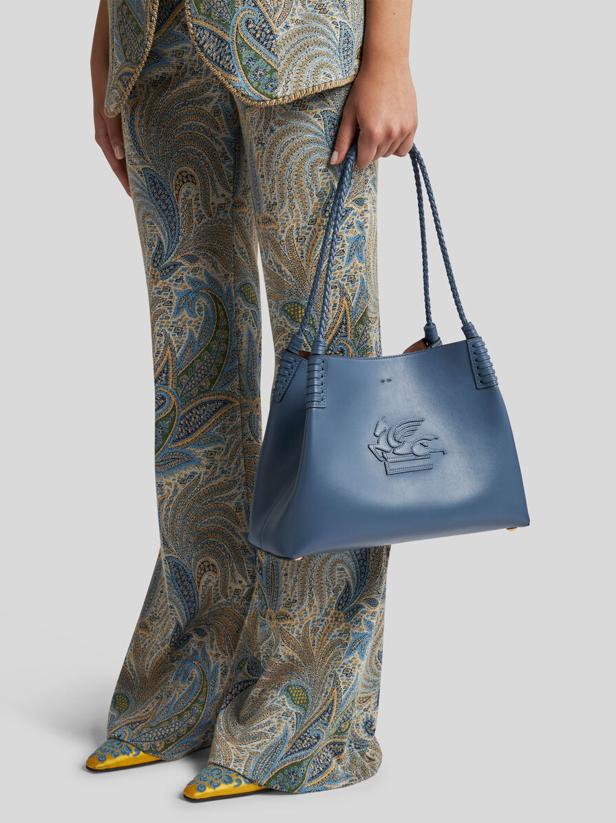 Etro Blue Calf Leather Shoulder Bag With Pegasus Emblem In Blue