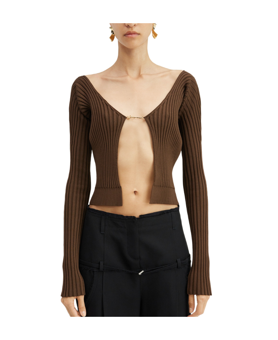 Jacquemus 'la Maille Pralu Longue' Brown Ribbed Cardigan With Logo Charm In Viscose Woman In Brown