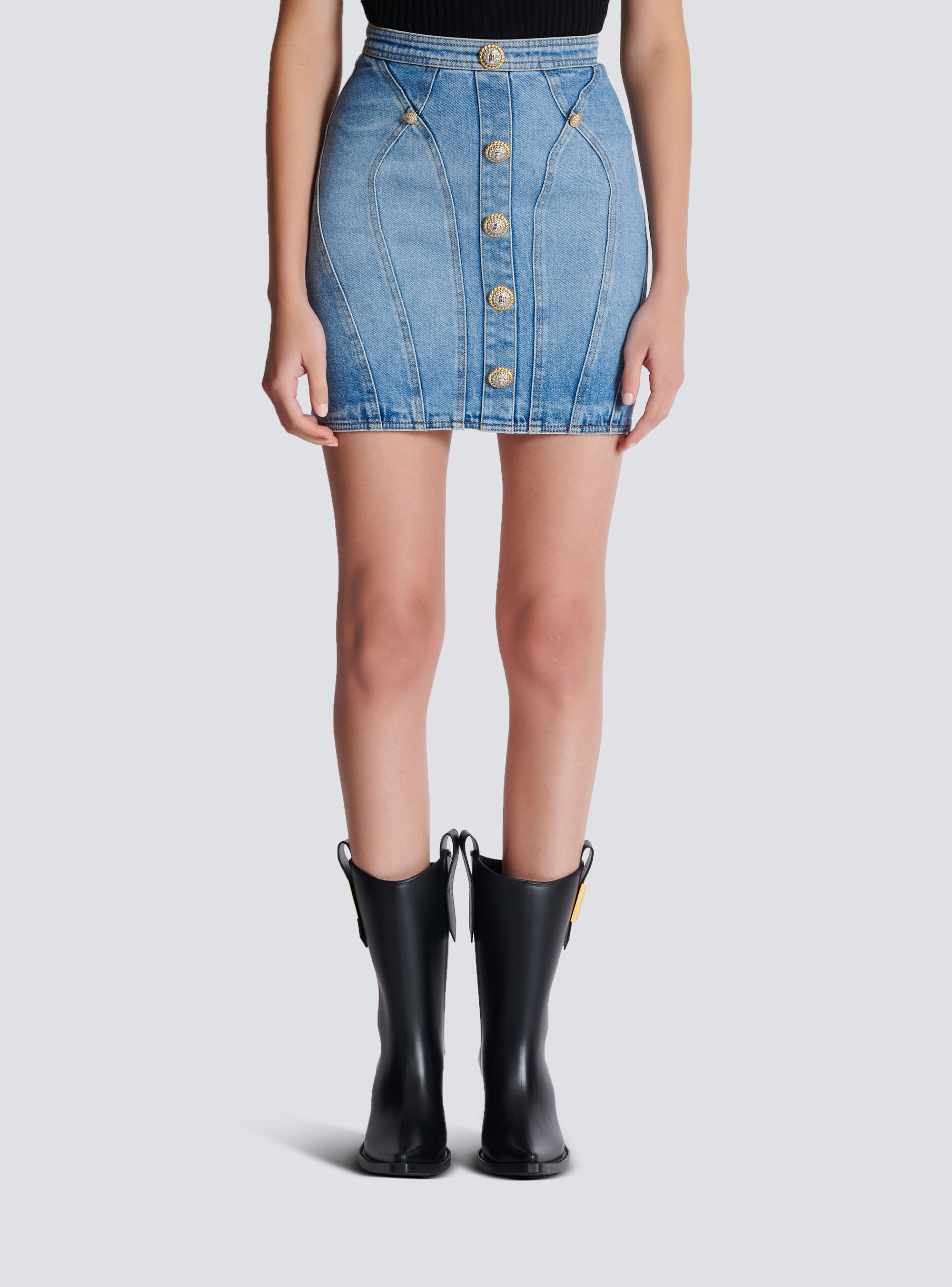 Balmain Buttoned Mini Denim Skirt In Blue