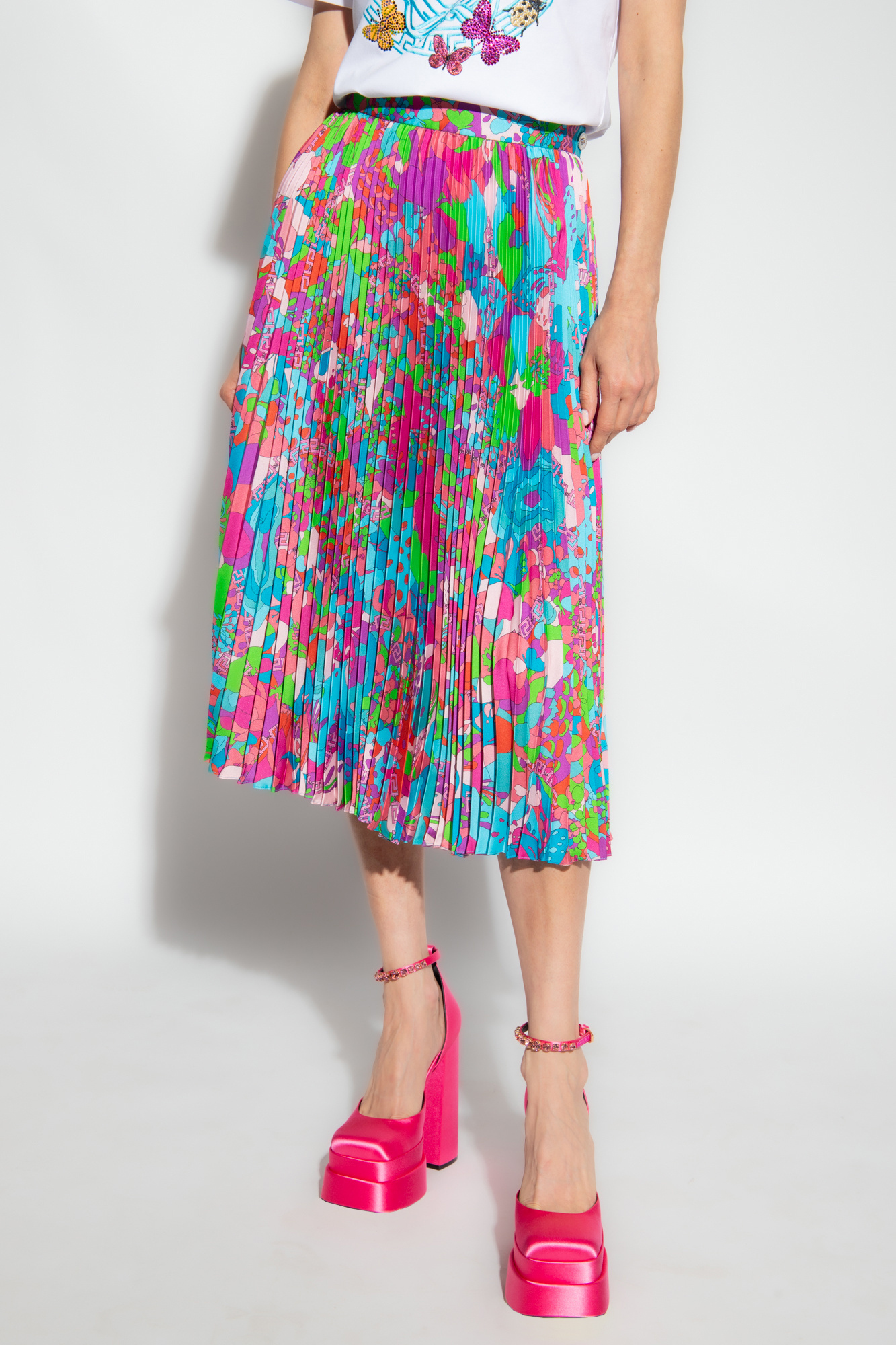 Versace Murakami Print Twill Pleated Midi Skirt In Pink