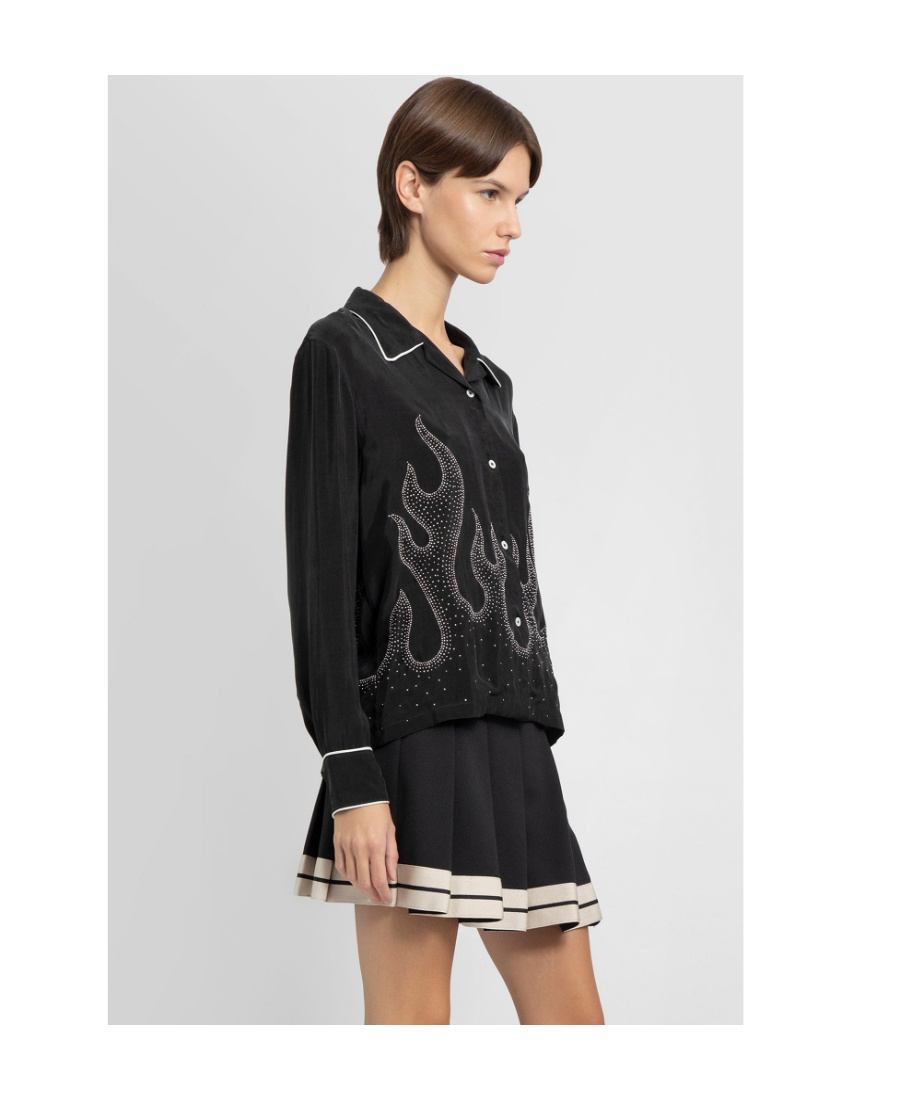 Palm Angels Flame-embroidered Shirt Crystal Embellishments In Black