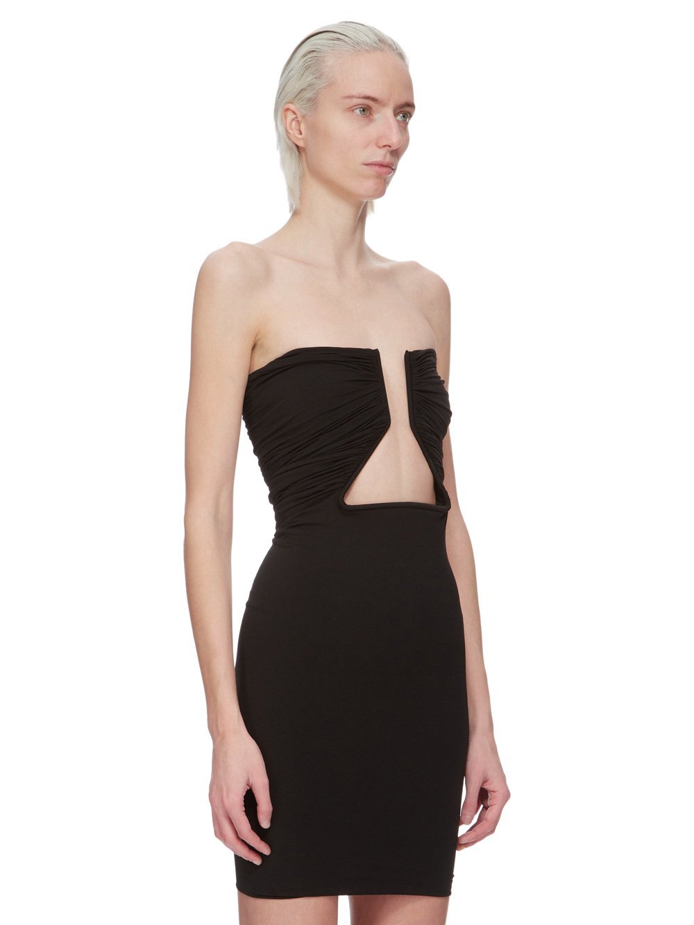 Rick Owens Prong Cutout Coated Denim Bustier Dress In Black