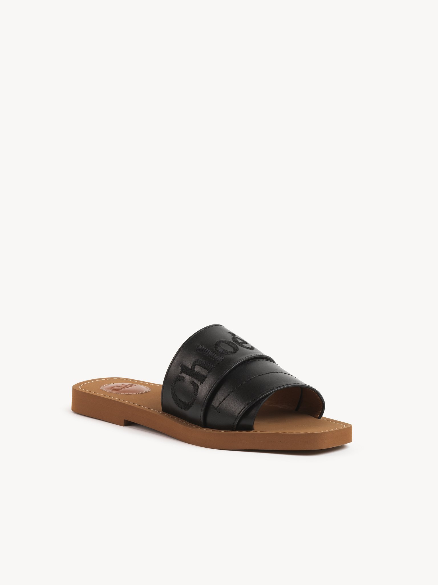 Chloé Leather Flat Mules With Square Toe And Embroidered Logo In Black