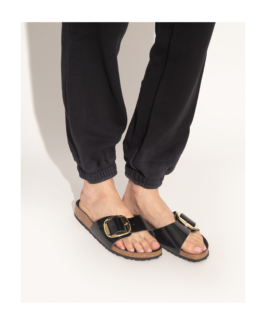 Birkenstock Madrid Slide In Lacquered Leather With Large Buckle In Black
