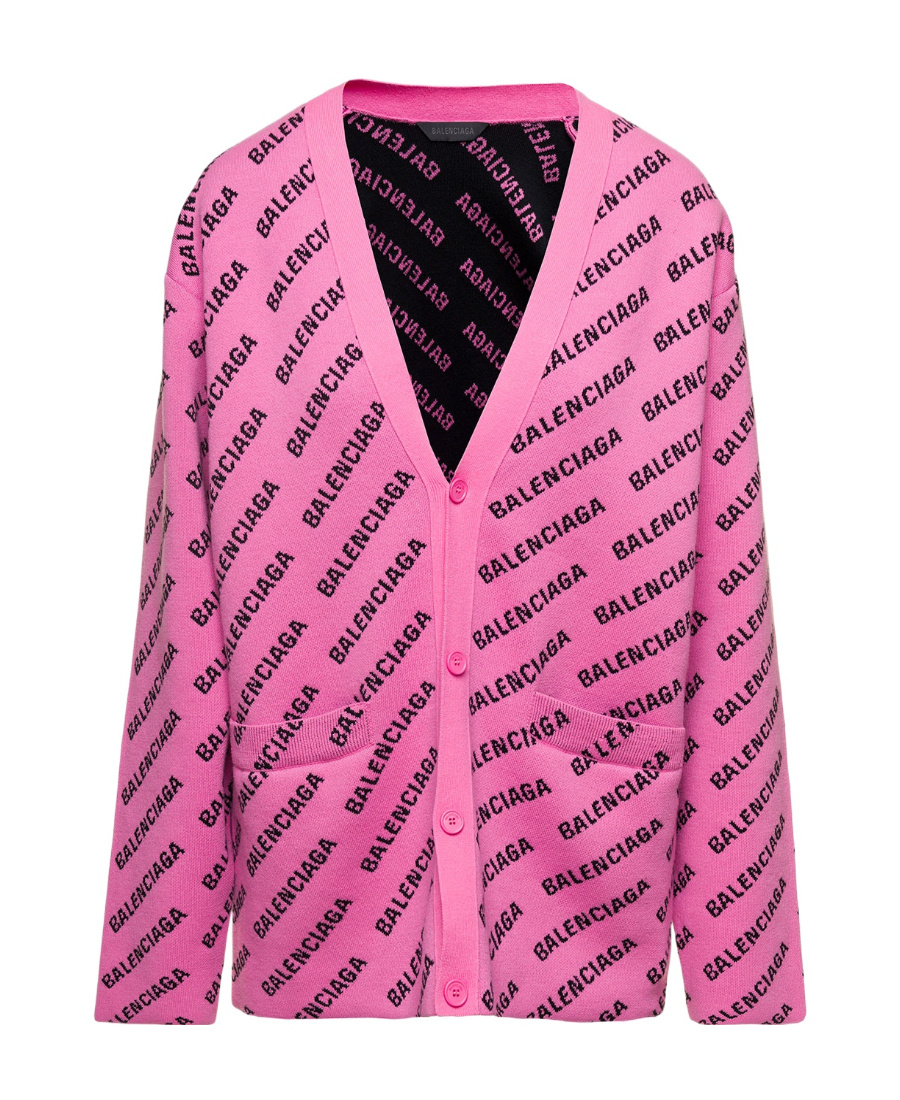 Balenciaga Logo V-neck Ribbed Knit Cardigan In Pink