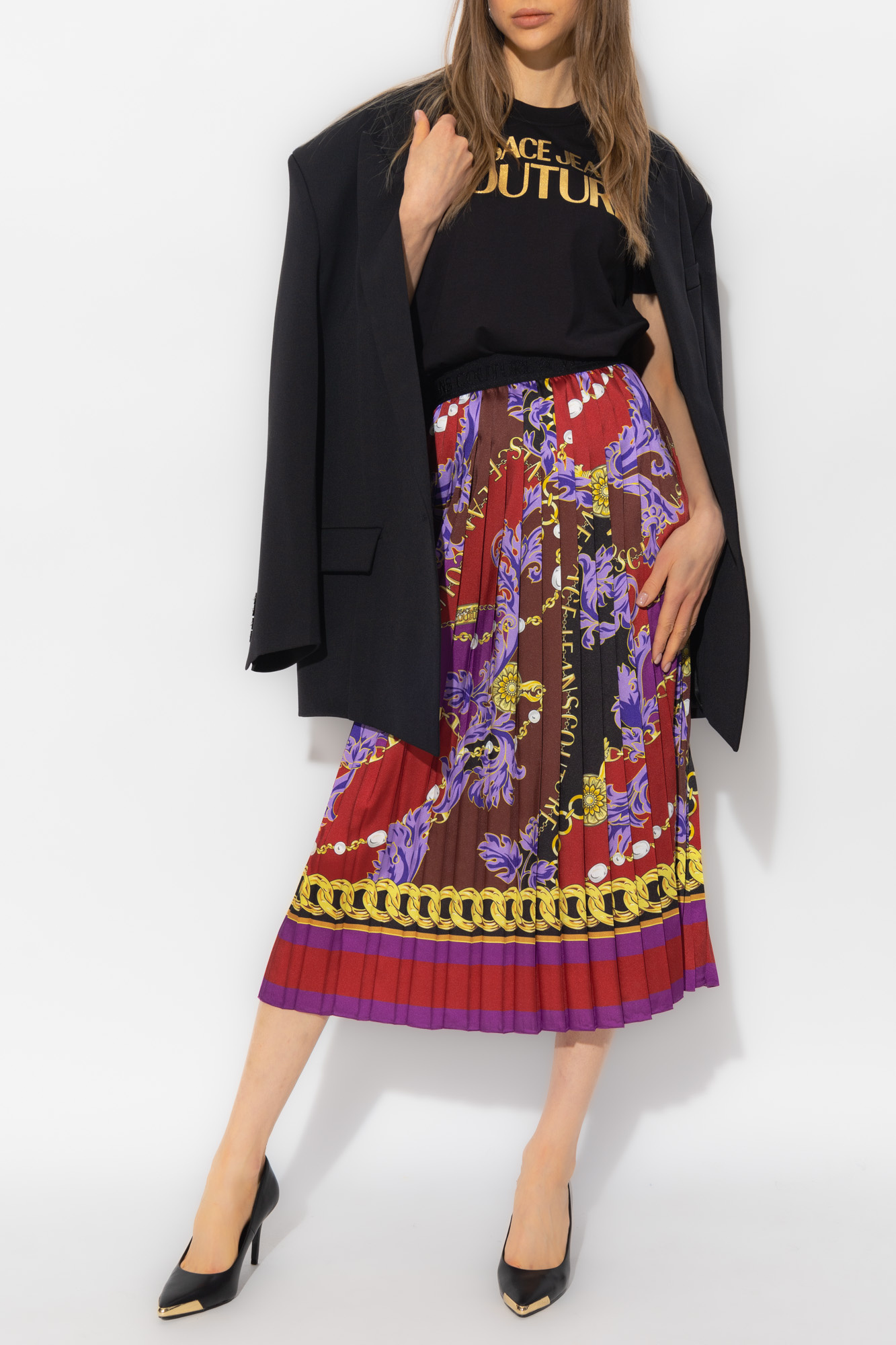 Versace Jeans Chain-print Plissé Midi Skirt In Red