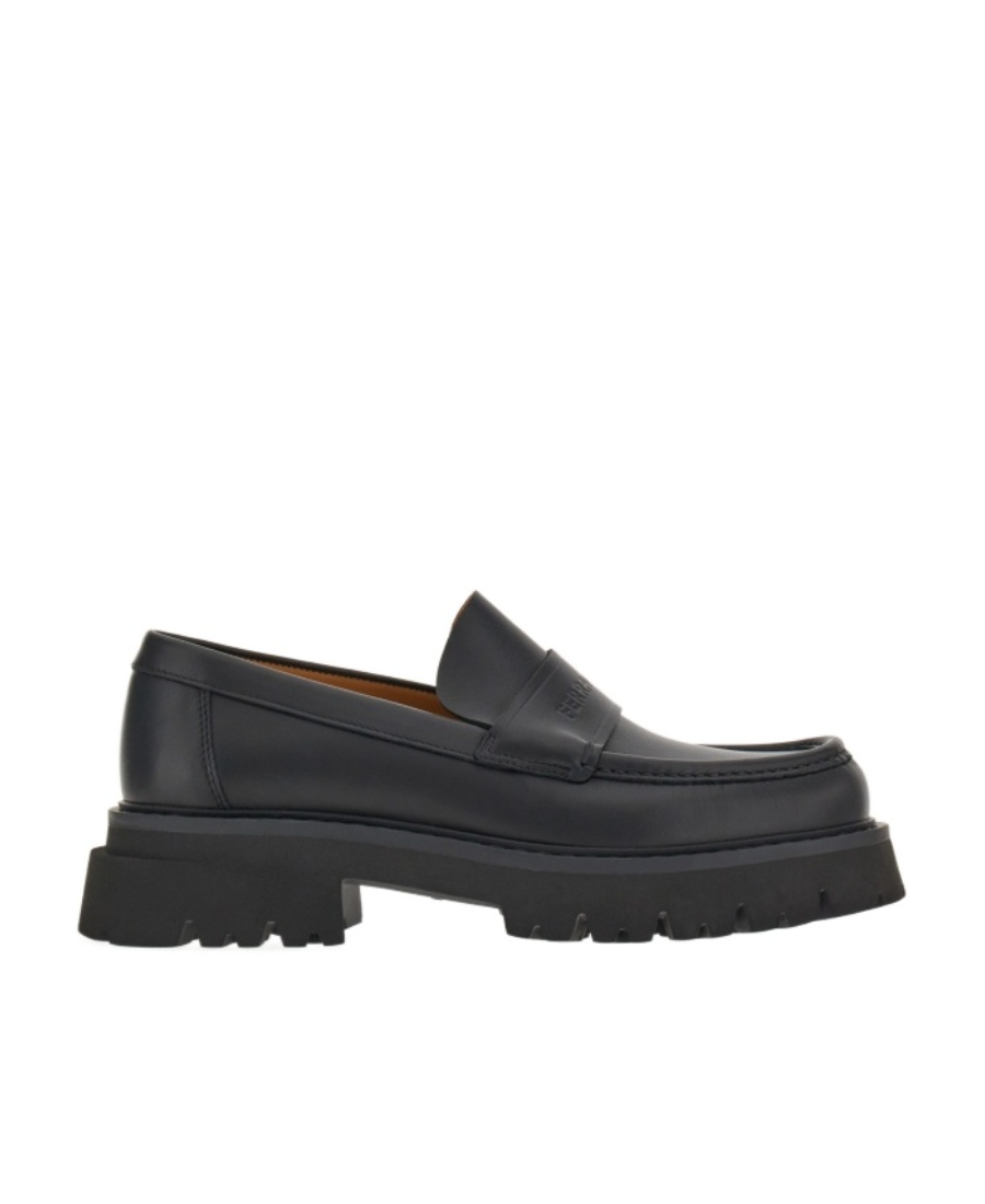 Ferragamo Black Leather Loafers With Gancini Ornament In Black