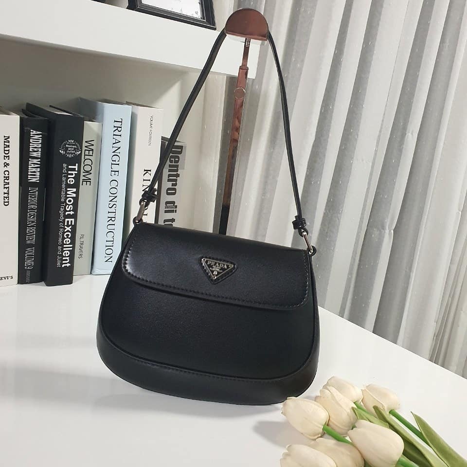Prada Cleo Brushed Leather Shoulder Bag With Flap In Black