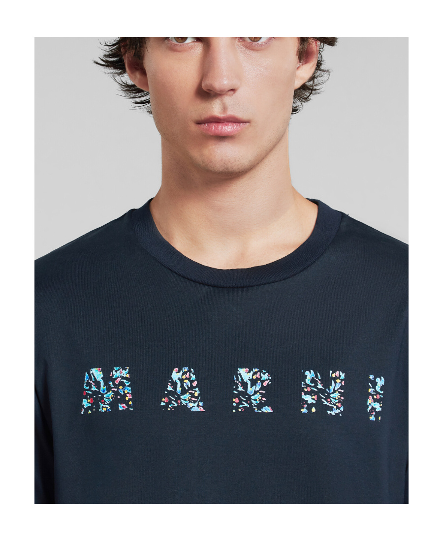 Marni Floral Logo Print Cotton Jersey T-shirt In Blue
