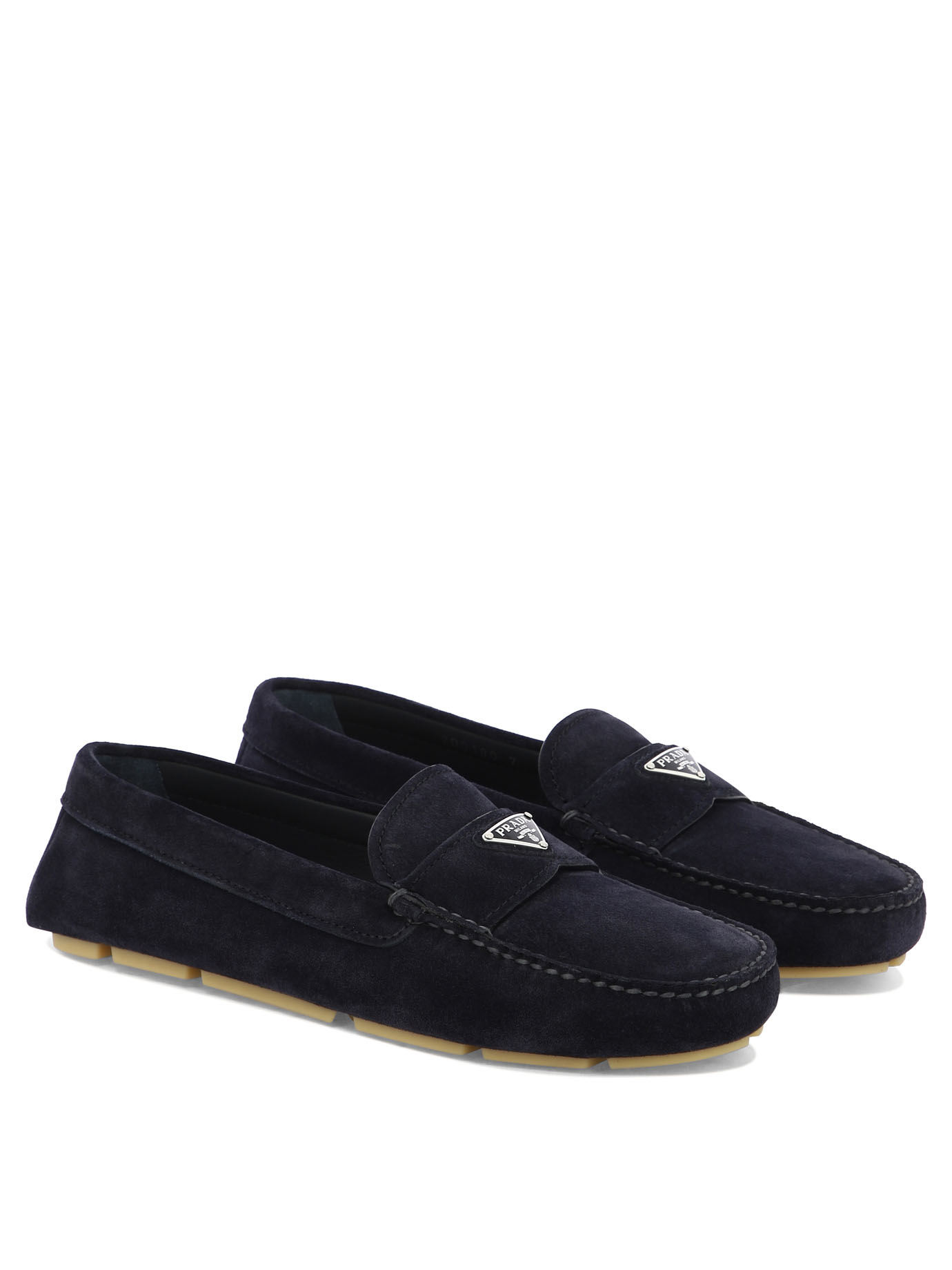 Prada Enamel-triangle-logo Suede Loafers In Blue