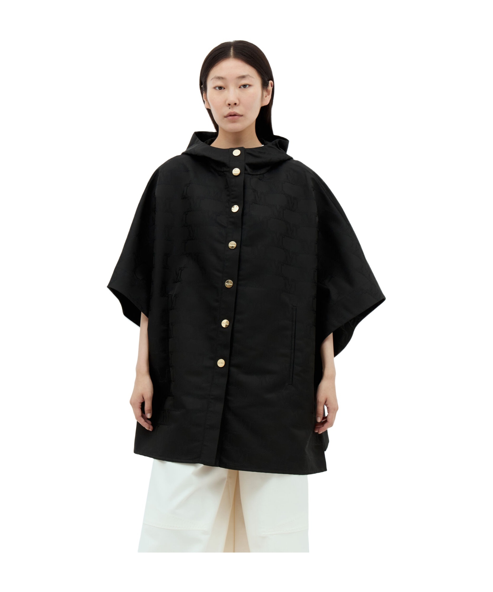 Max Mara Hooded Monogram Coat In Black