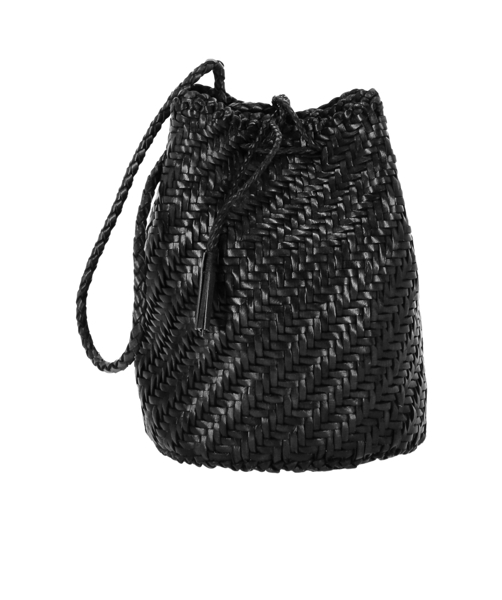 Dragon Diffusion Pompom Doublej Woven Leather Basket Bag In Black