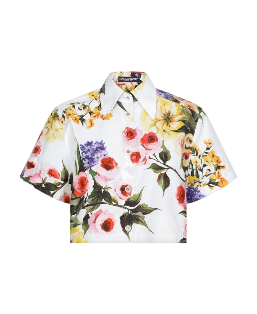 Dolce & Gabbana Floral Cropped Cotton Poplin Shirt In White