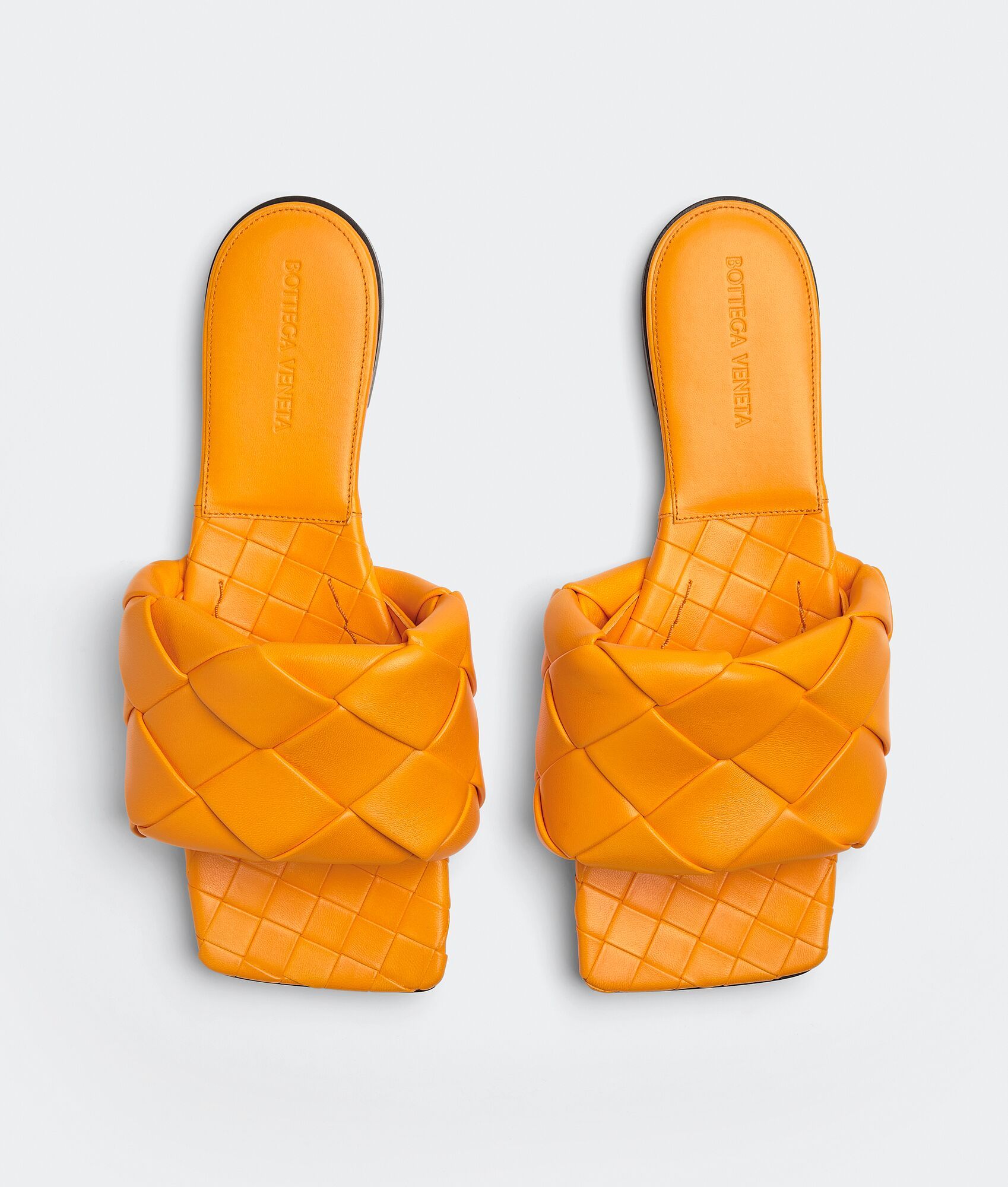 Bottega Veneta Orange Square Toe Leather Flat Sandals For Women In Orange