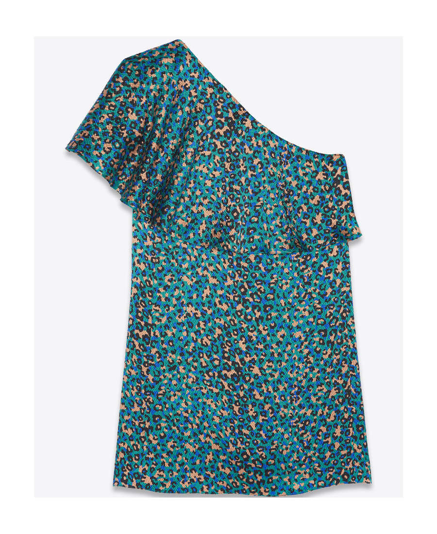 Saint Laurent Leopard-print One-shoulder Dress In Blue