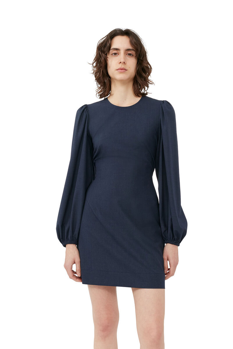 Ganni Long-sleeved Open-back Minidress In Dark Blue
