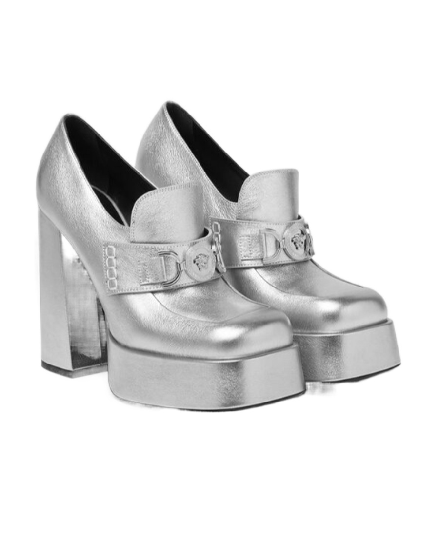 Versace Square Toe High Heels In Gray