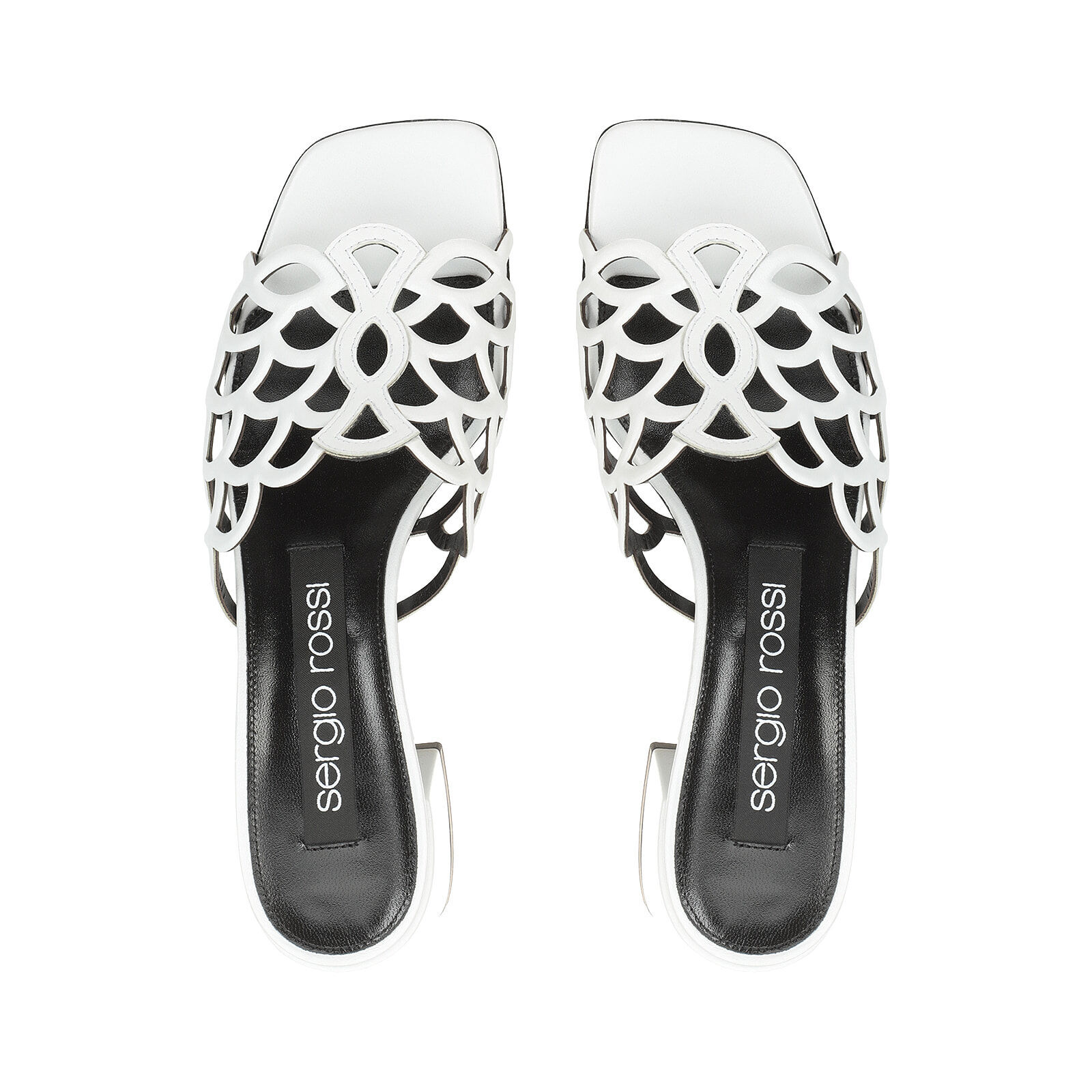 Sergio Rossi Low Block Heel Mules With Openwork Detail In White