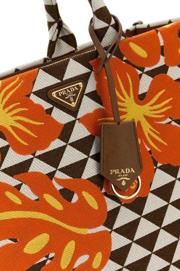 Prada Large Embroidered Fabric Shopping Bag In Tobacco Color / Powder Fog White