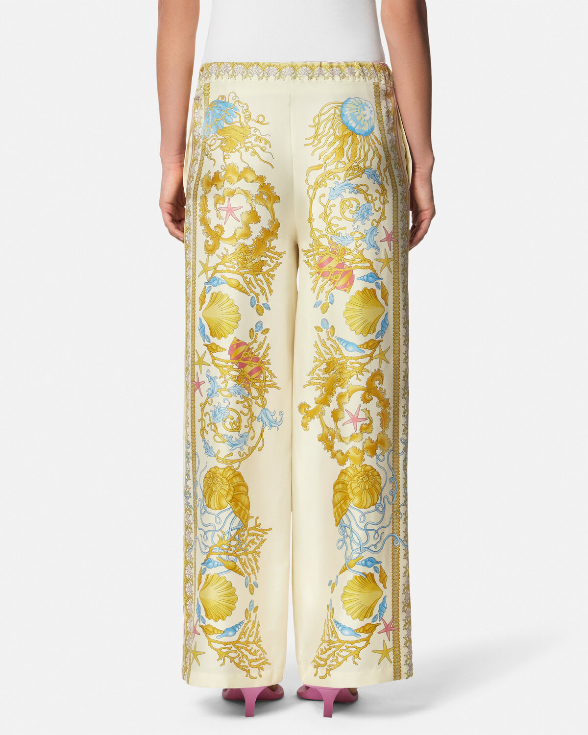 Versace Wide Leg Trousers With Underwater Baroque Print In Brown