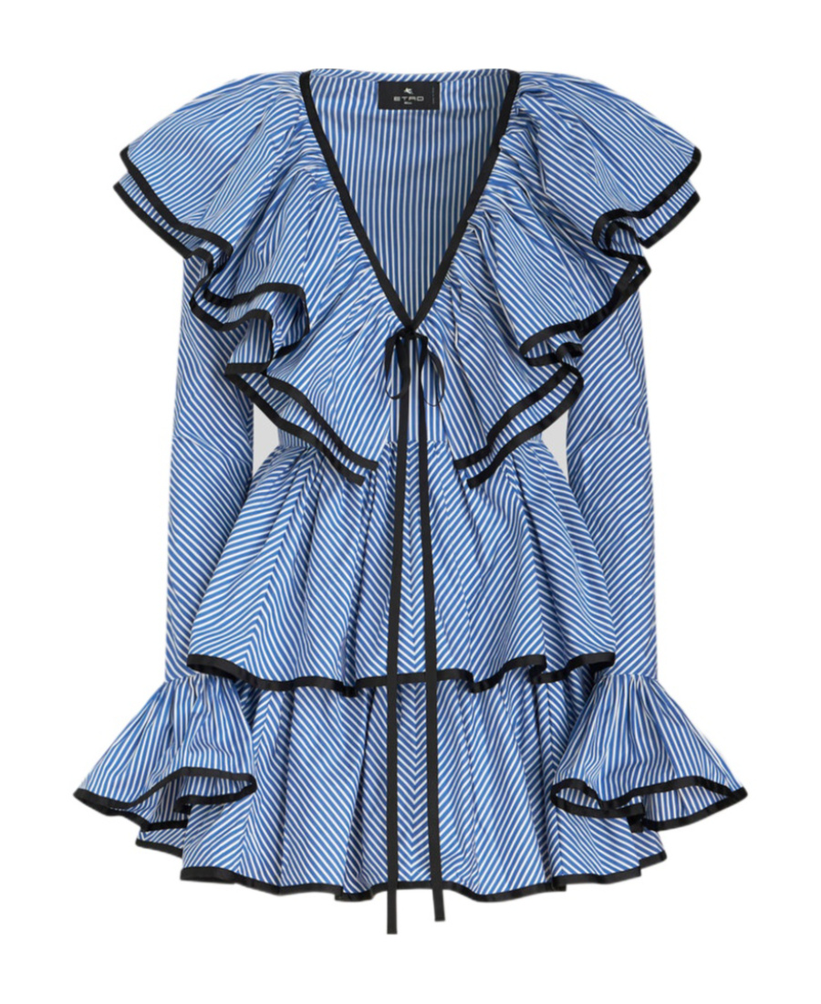 Etro Ruffled Gabardine-trimmed Striped Cotton-poplin Mini Dress In Blue
