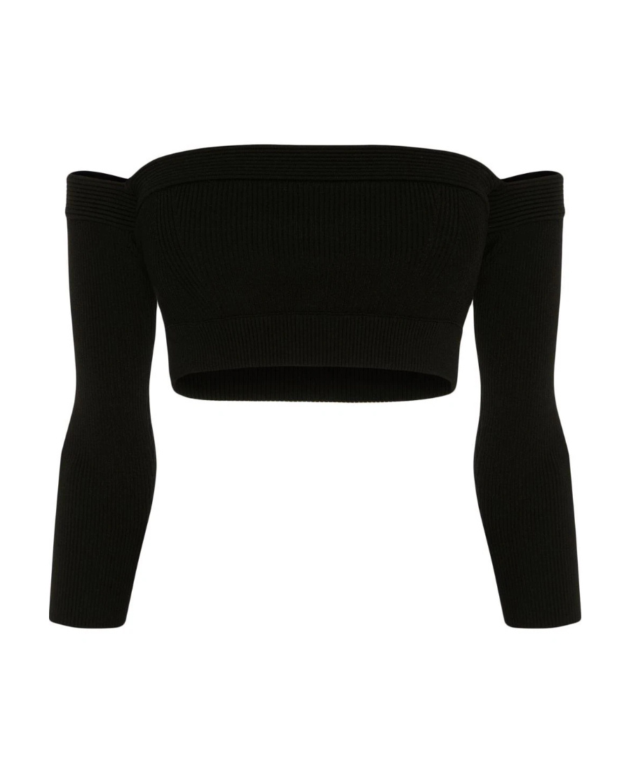 Alexander Mcqueen Woman - Black Long Sleeve Crop Top With Off Shoulders In Black
