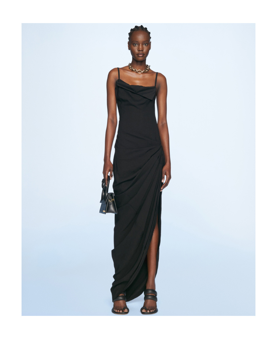 Jacquemus Saudade Asymmetric Ruched Dress In Black