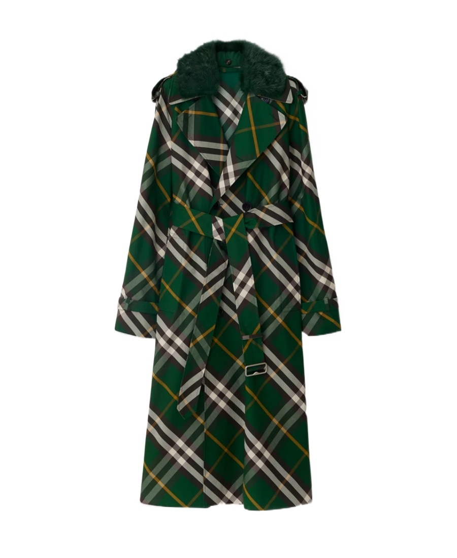Burberry Check Belted Trench Coat With Faux Fur Collar In Black