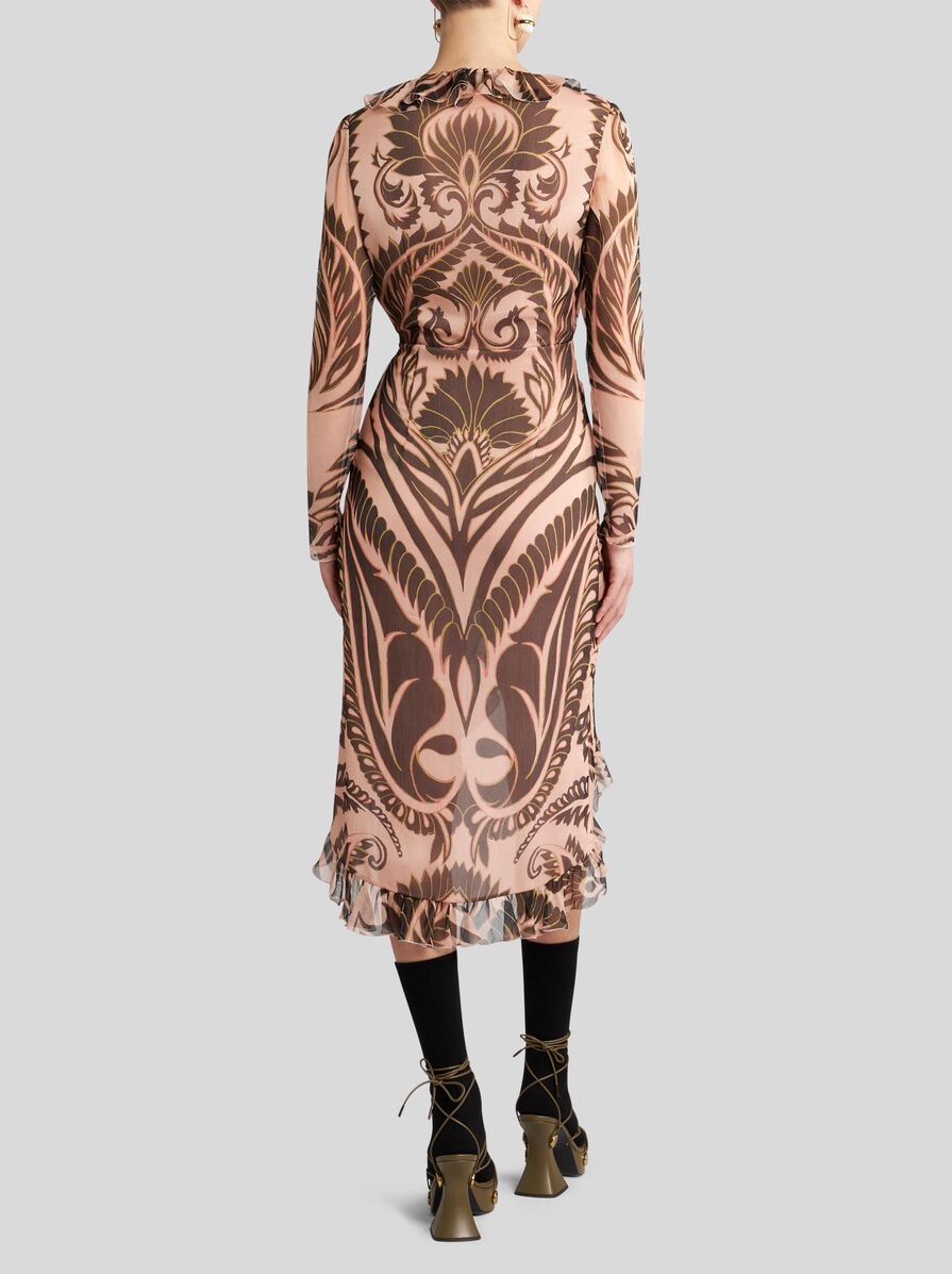 Etro Printed Ruched Midi Dress In Silk In Nude