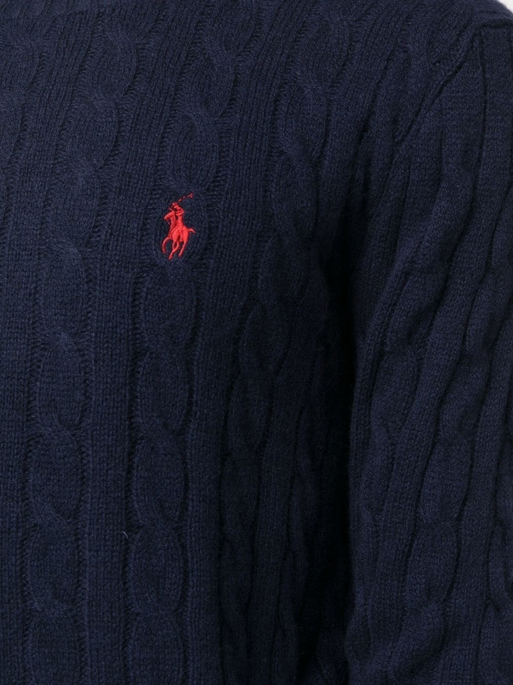 Polo Ralph Lauren Blue Cable Knit Crewneck Sweater With Pony Embroidery On The Front In Wool And Cashmere Man