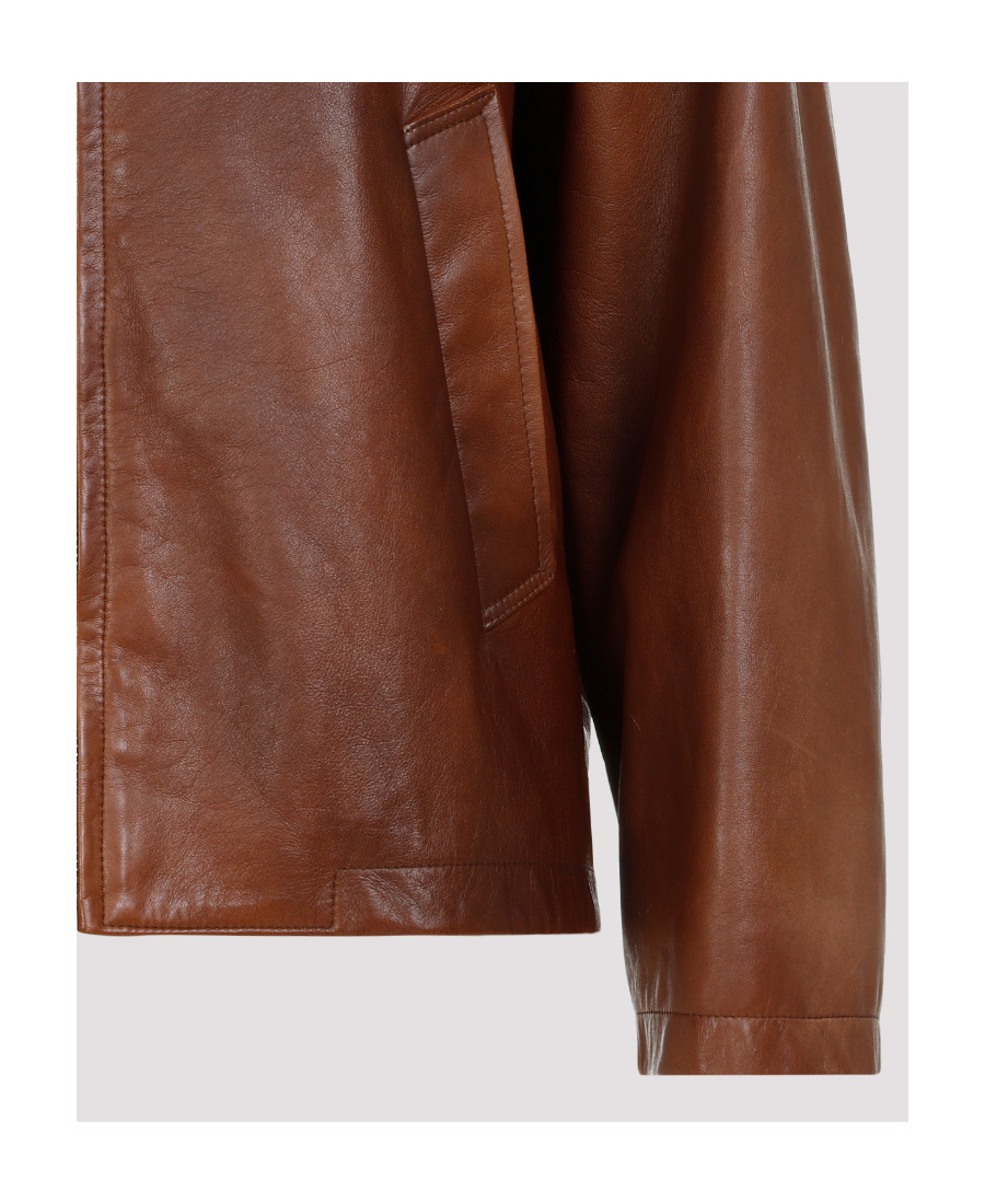 Prada Enamel-logo Leather Jacket In Brown