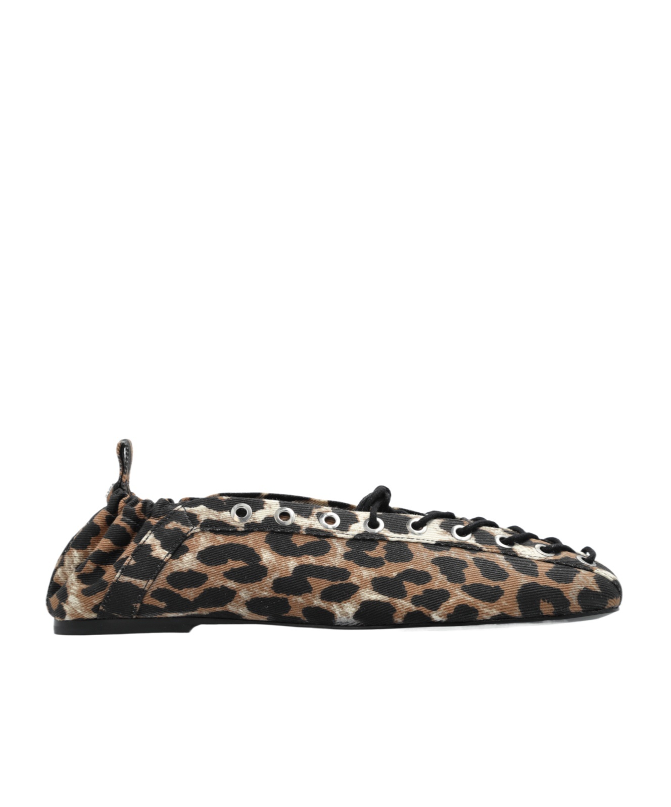 Ganni Brown Lace-up Ballerinas With Metal Eyelets And All-over Print In Fabric Woman In Black